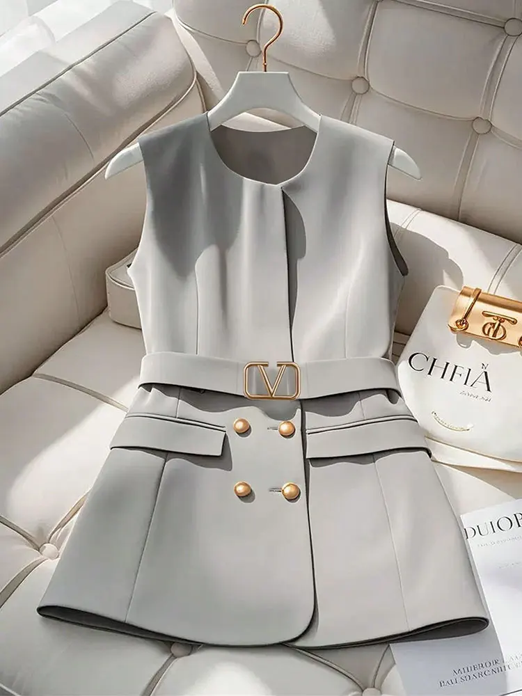 

Новый простой пригородный карманный ремень, металлический двубортный жилет без рукавов, женские модные товары, серые мягкие удобные топы, французское пальто