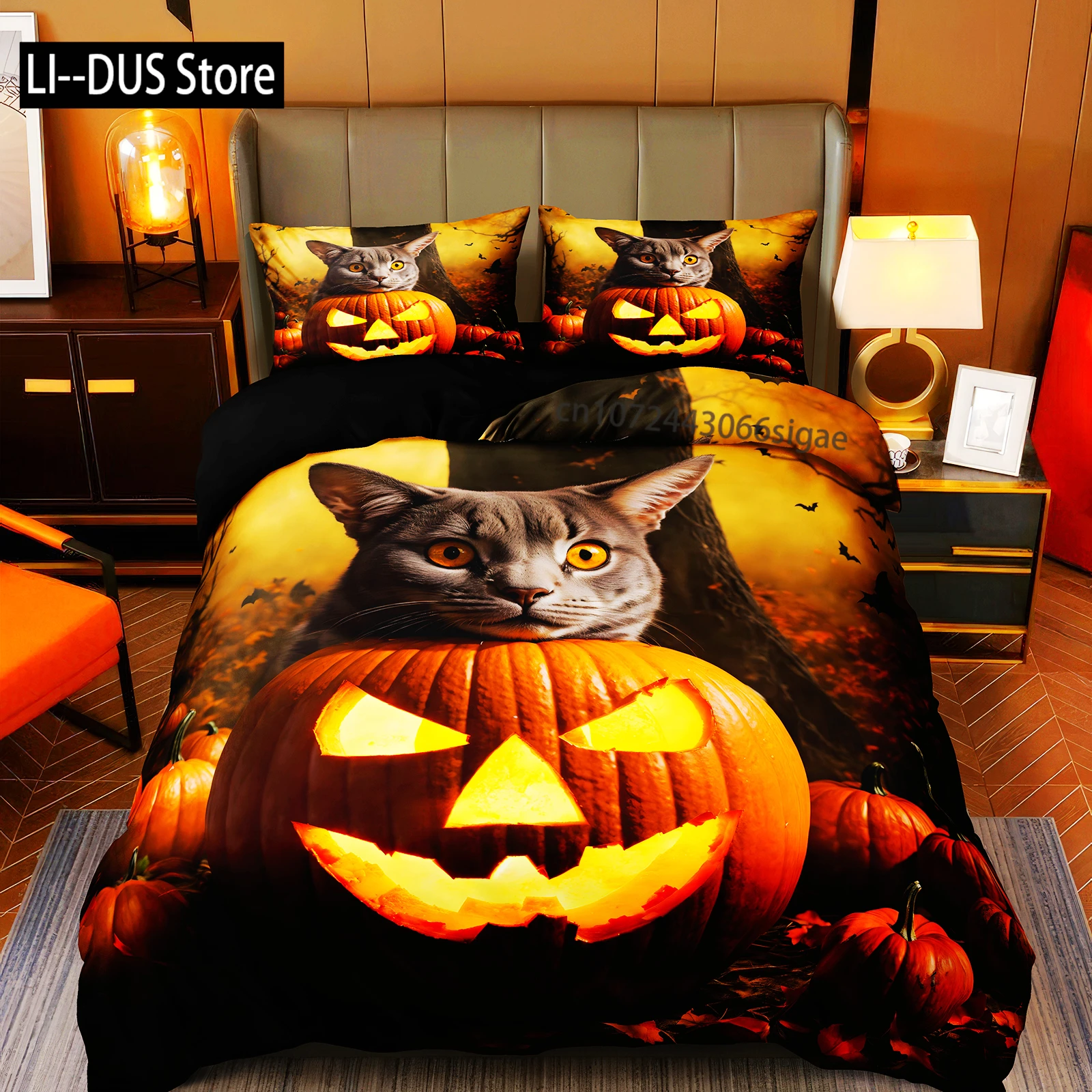 

Cat Pumpkin Duvet Cover Set Halloween Comforter Cover Ghost Bedding Set Horror Quilt Cover Black Room Decor 3PCS NO Comforter