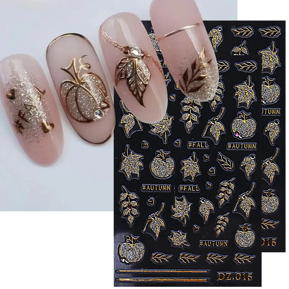 2pcs Autumn Pumpkin Maple Leaves Nail Sticker With Rhinestone Metallic Line Glitter Silver Nail Decal Slider Manicure Decoration