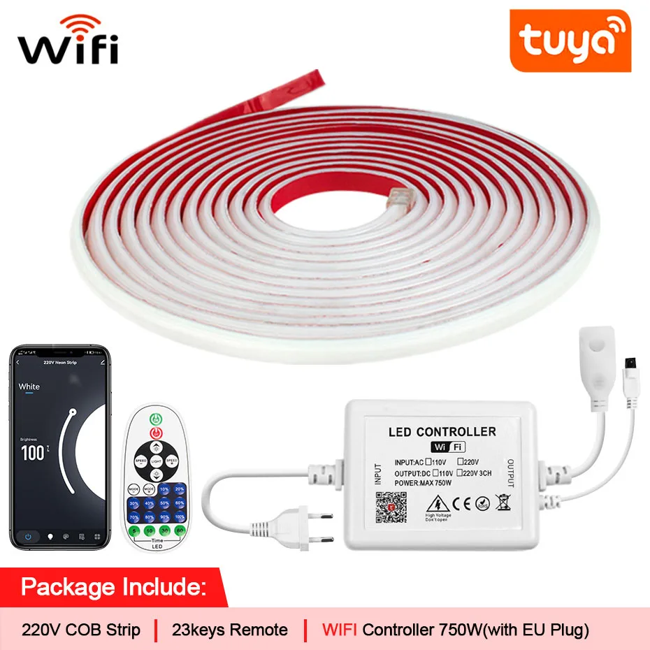 50m 30m 20m Waterdichte 220V COB LED Strip Licht Plakband Tuya WiFi, Bluetooth, afstandsbediening EU Plug Thuis Outdoor Tuinverlichting