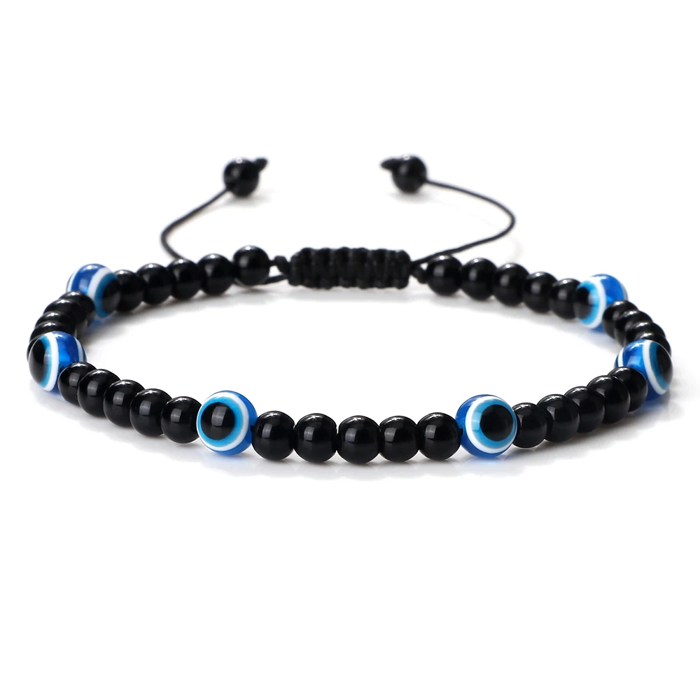 Fashion Turkish Evil Eye Bracelets 4mm Black Natural Stone Beads Handmade Braided Men Obsidian Bracelet Jewelry Pulseras Homme