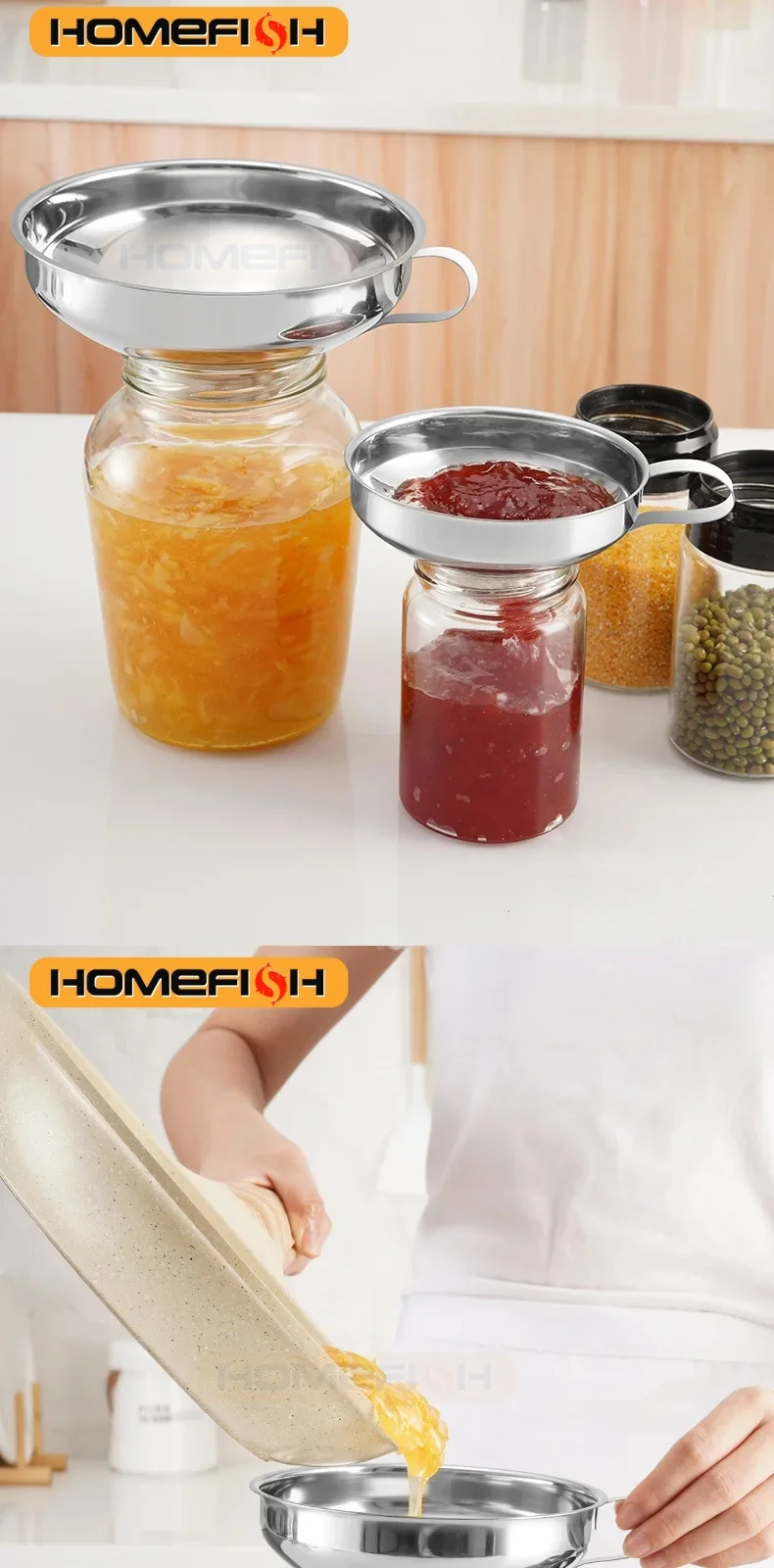 HOMEFISH Stainless Steel Wide Mouth Funnel Canning Jam Salad Dressing Hopper Filter For Jar Canned Filteroil Wine Water Spices