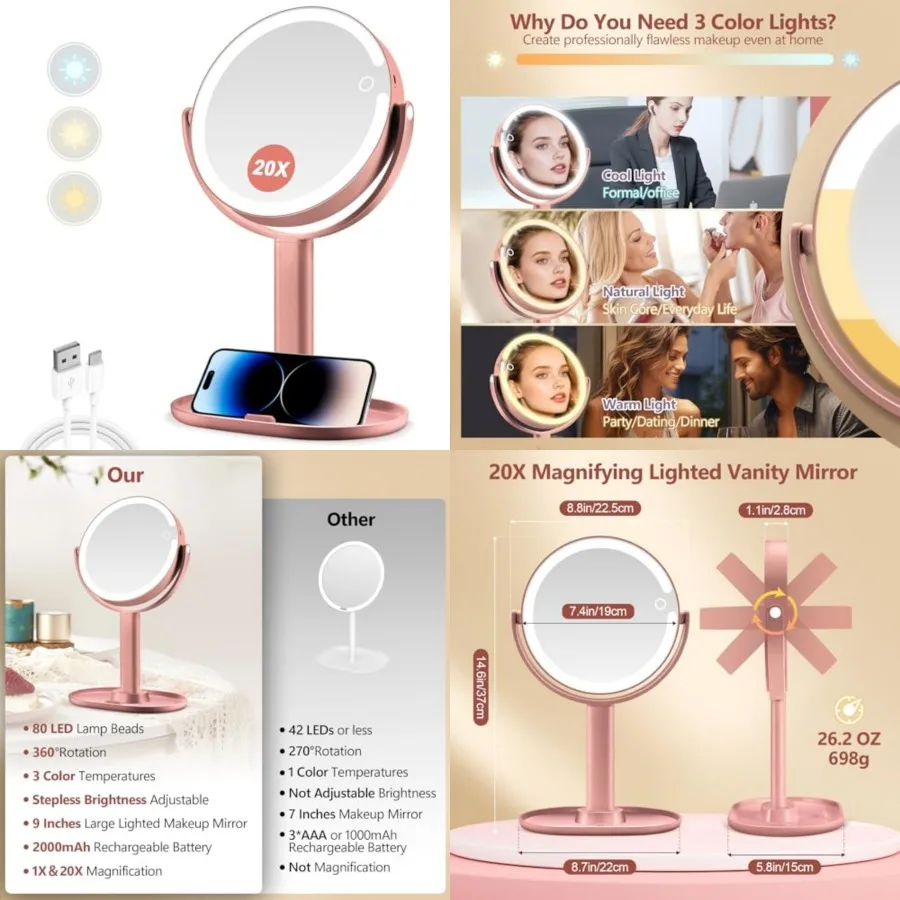 

Makeup Mirror with Lights, 20X Magnifying Mirror with Light and Touch Switch, 2-Sided Vanity Mirror with 3 Colors and 80 LEDs