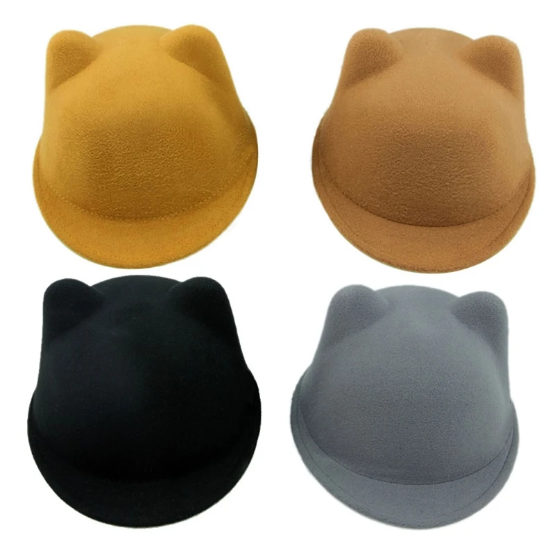 New Lovely Kids Boys Girls for Cat Ear Fedora Solid Bowler Wool Felt Ha Drop Shipping