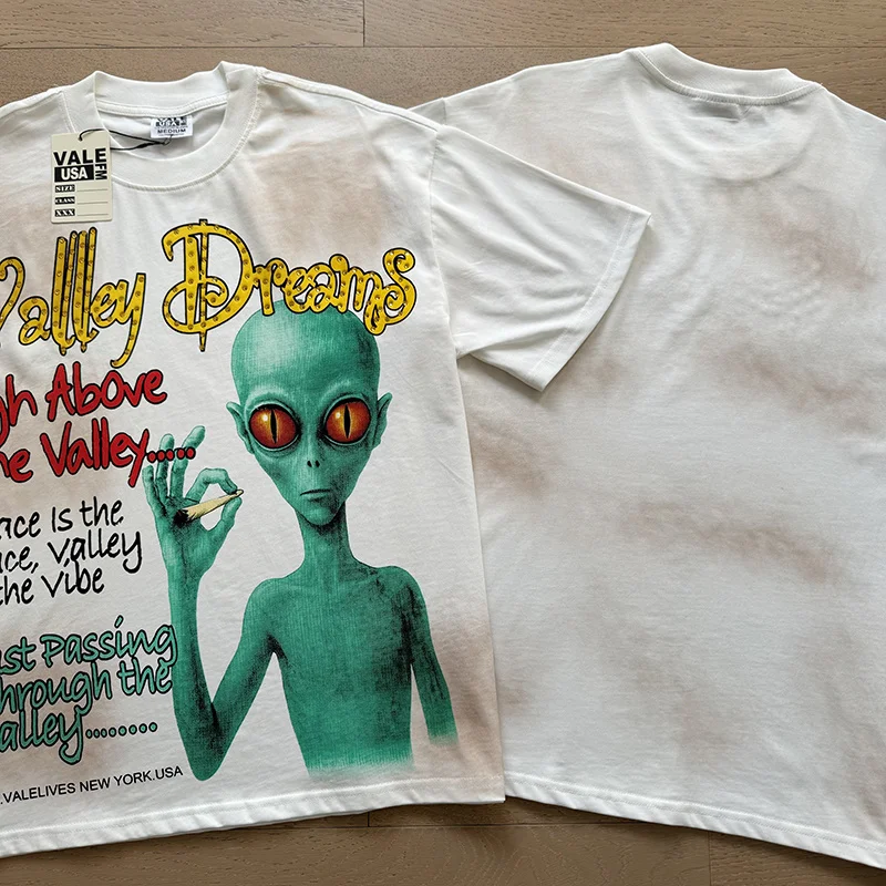 Retro Washed American Vale Valley Trendy Brand Printed Loose Pure Cotton Short Sleeve T-Shirt Glitter Heat Transfer Street Style
