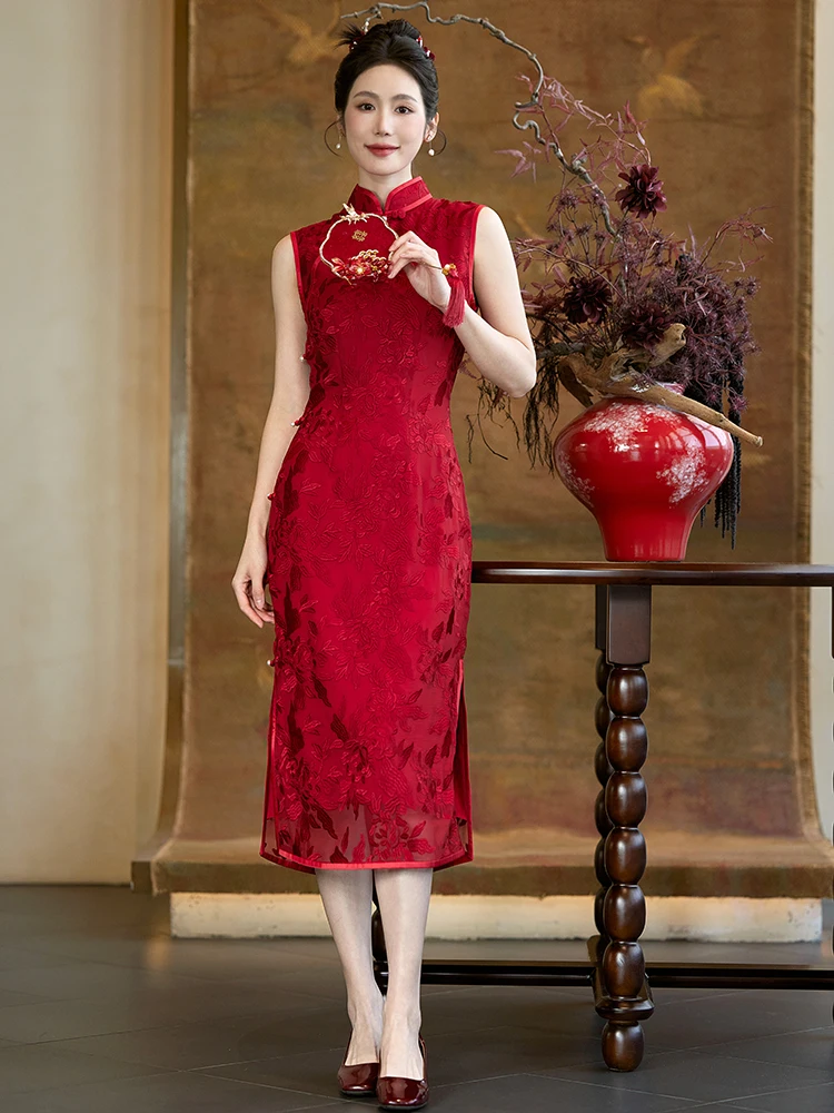 

Young Women's Reformed Summer Silk Red Collar Engagement Wine Serving Dr Breathable ort Sve Long Qipao Gown