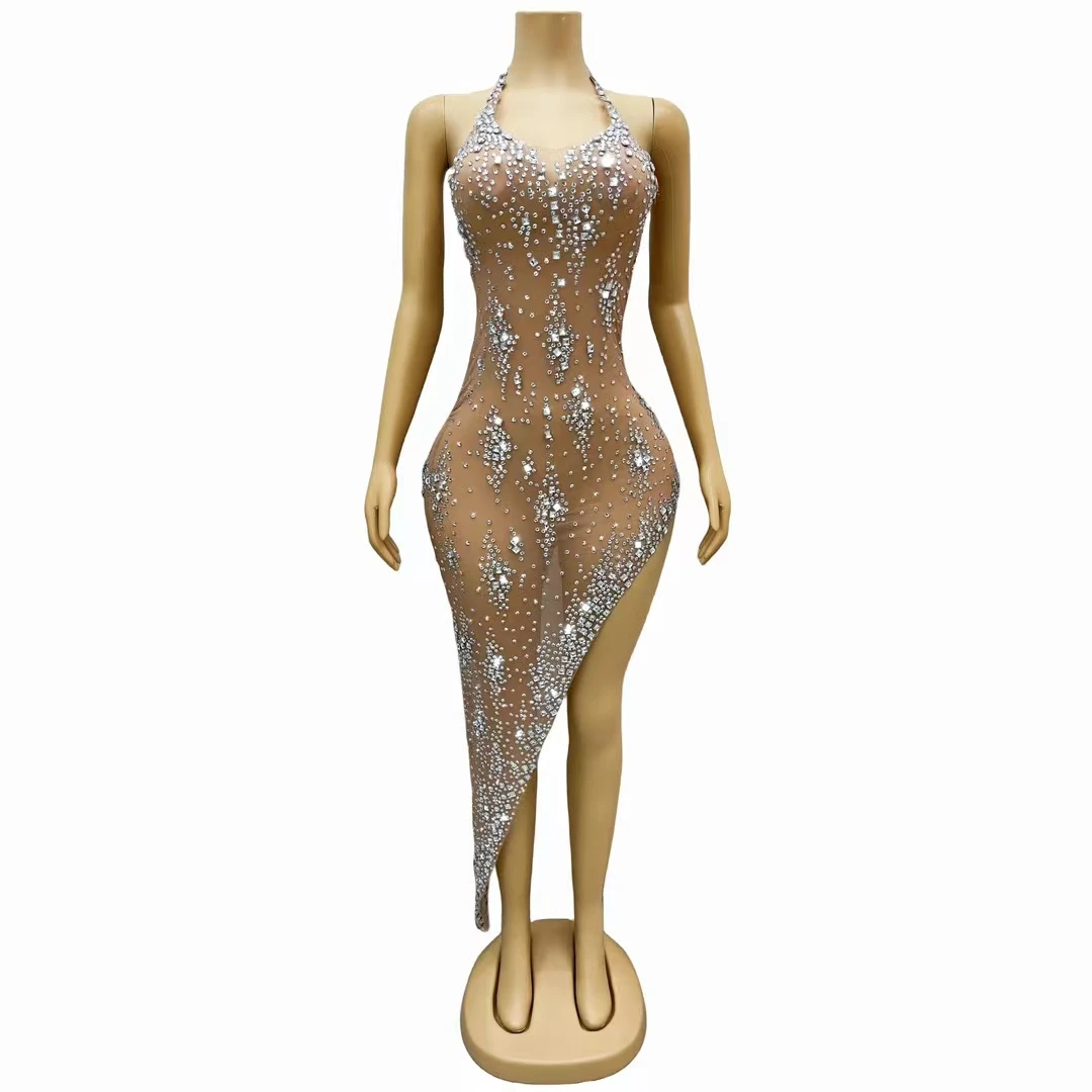 

New Sparkly Sequins Rhinestones Mesh Long Dress Sexy Backless Halter Performance Costume Stage Wear Bar Singer Dress Xinghe