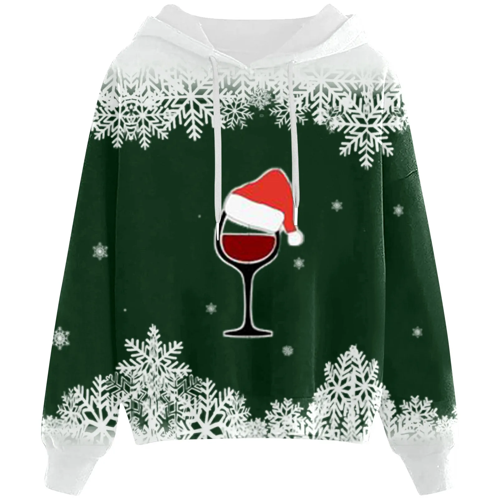 ﻿ 2024 Christmas Hoodies For Women Xmas Wine Cup Long Sleeve Sweatshirt Female Cute Snowflakes Graphic New Year Pullovers