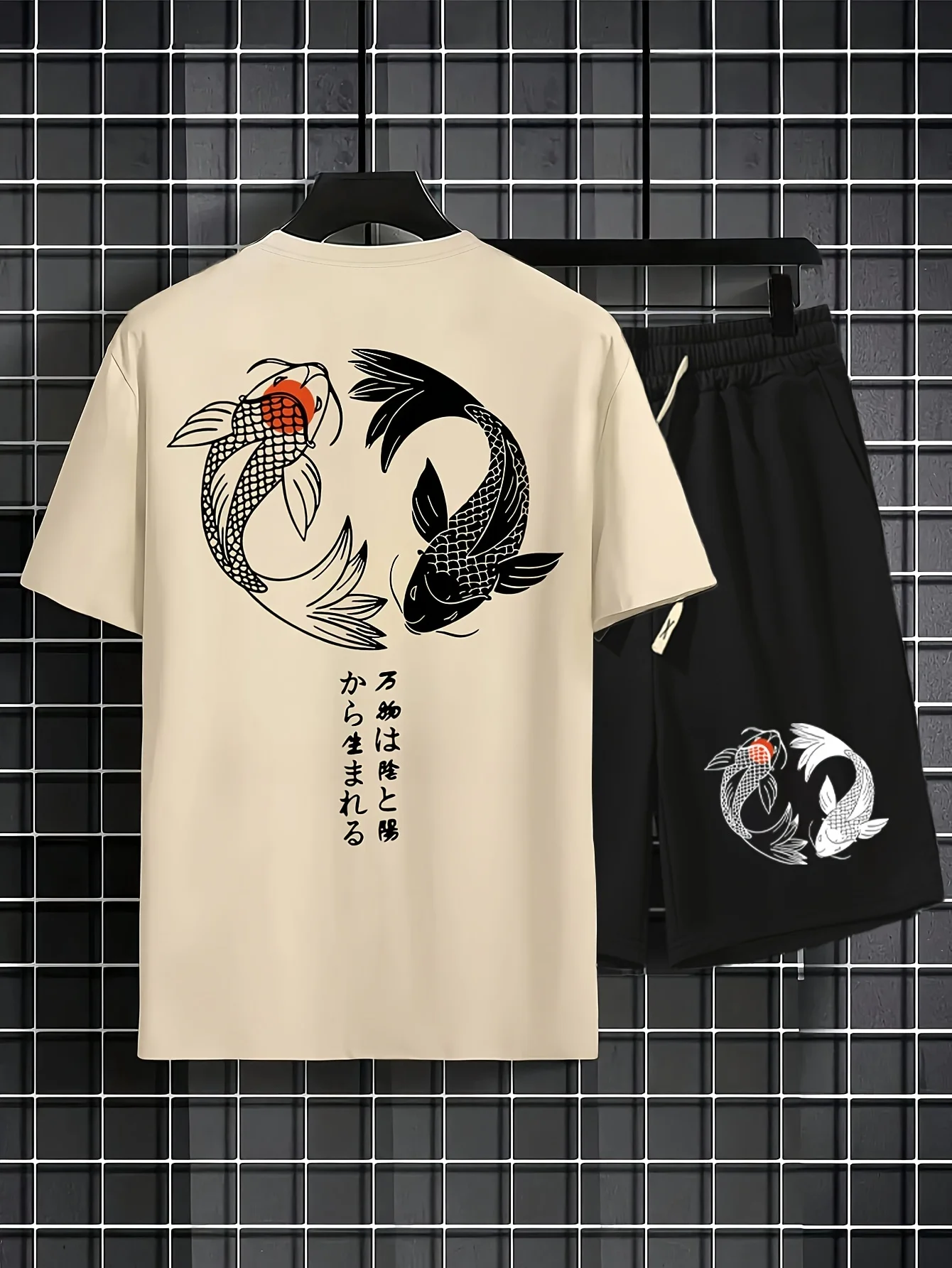 

Men's Koi Fish Print T-Shirt and Shorts Set Japanese Yin Yang Casual Summer Tracksuit