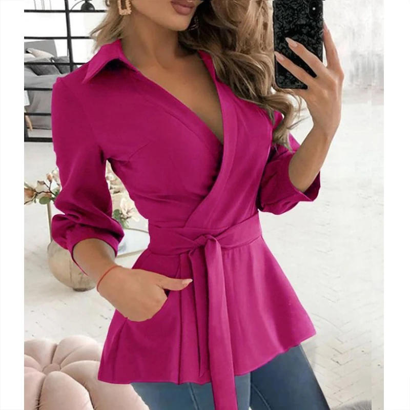 Autumn Elegant Fashion Chic New Shirt Women Solid Color Irregular Three Quarter Sleeve V Neck Pocket Solid Color Drawstring Top