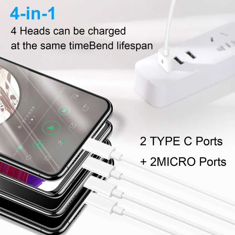 Portable 1 in 4 Out Power Cord Wire USB to 2 Type-C+2 Micro Multi-port Charging Cable Line for Cell Phones Tablets