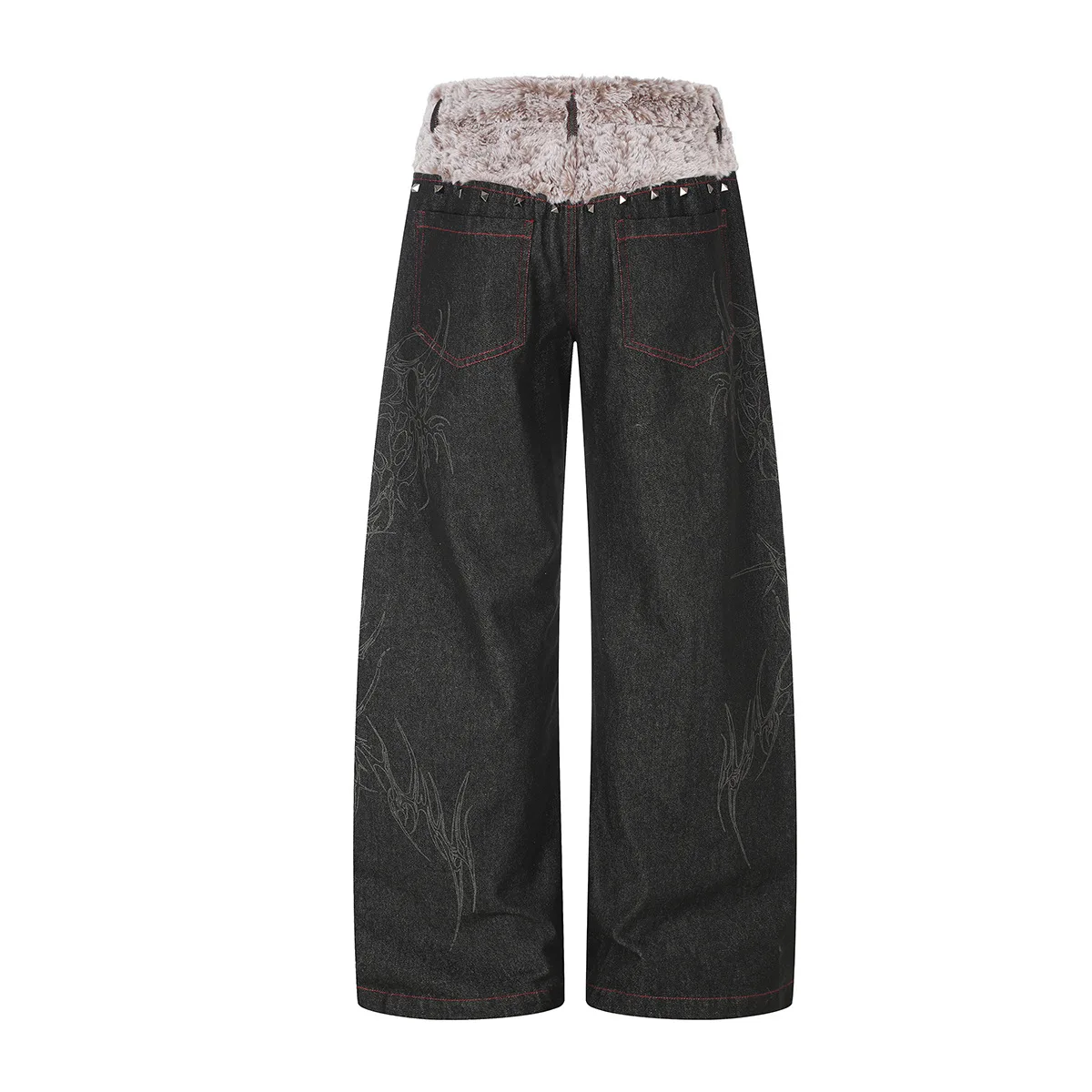 MWJLPWQ Male 2026 New Autumn Winter Straight Jeans American-Style High Street Patchwork Fur Design Loose Wide-Leg Pants 20271