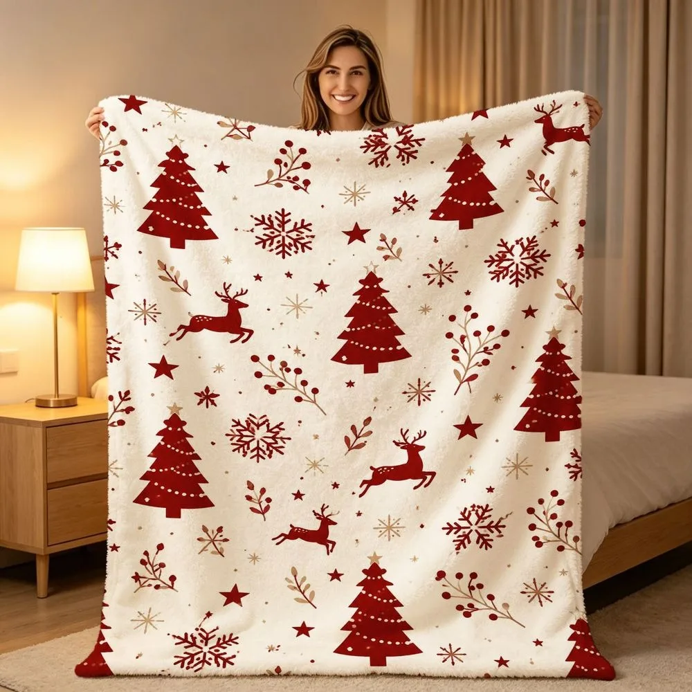 Sweet White Red Reindeer Christmas Tree Throw Blanket Plush Couch Cover For Cozy Winter Holiday Home Decor Gift