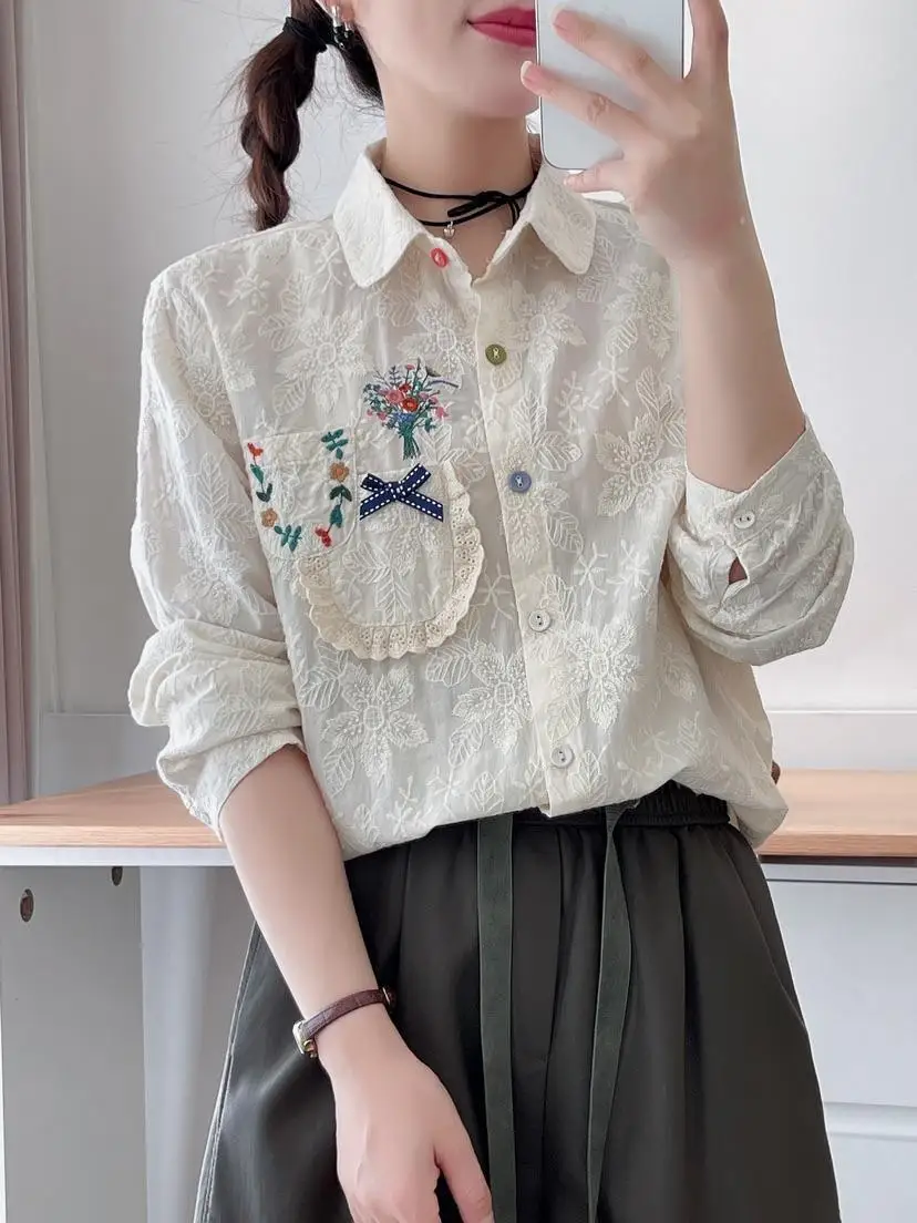 Autumn Japan Style Sweet Lolita Lace Flower Embroidery Cotton Shirt Women Mori Girl Turn Down Collar Long Sleeve White Blouse