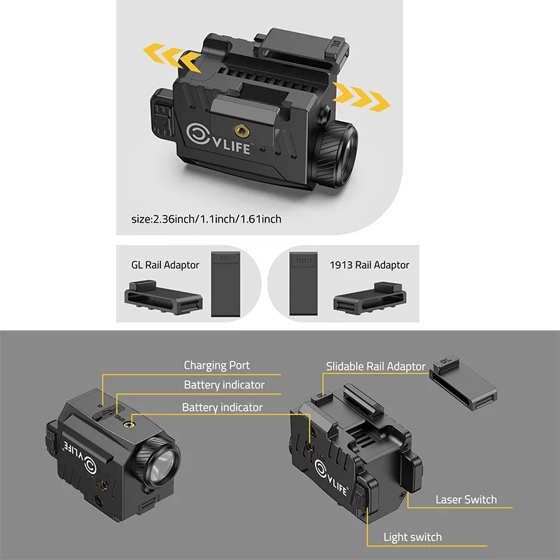 

CVLIFE 800 Lumens Flashlight Light Combo with Slide Rail Strobe Mode Rechargeable Compatible with G-lock and Picatinny Rail