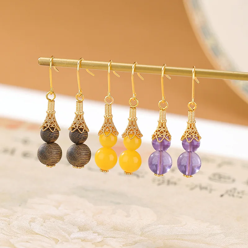 

S925 Sterling Gold-Plated Amber Amethyst Earrings Ruyi Round Bead Silver Jewelry