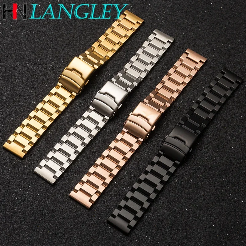 18/19/20/21/22/23/24/25 Mm Watch Band Strap Three Beads Stainless Steel Solid Belt Side Press Folding Buckle Watch Men Strap