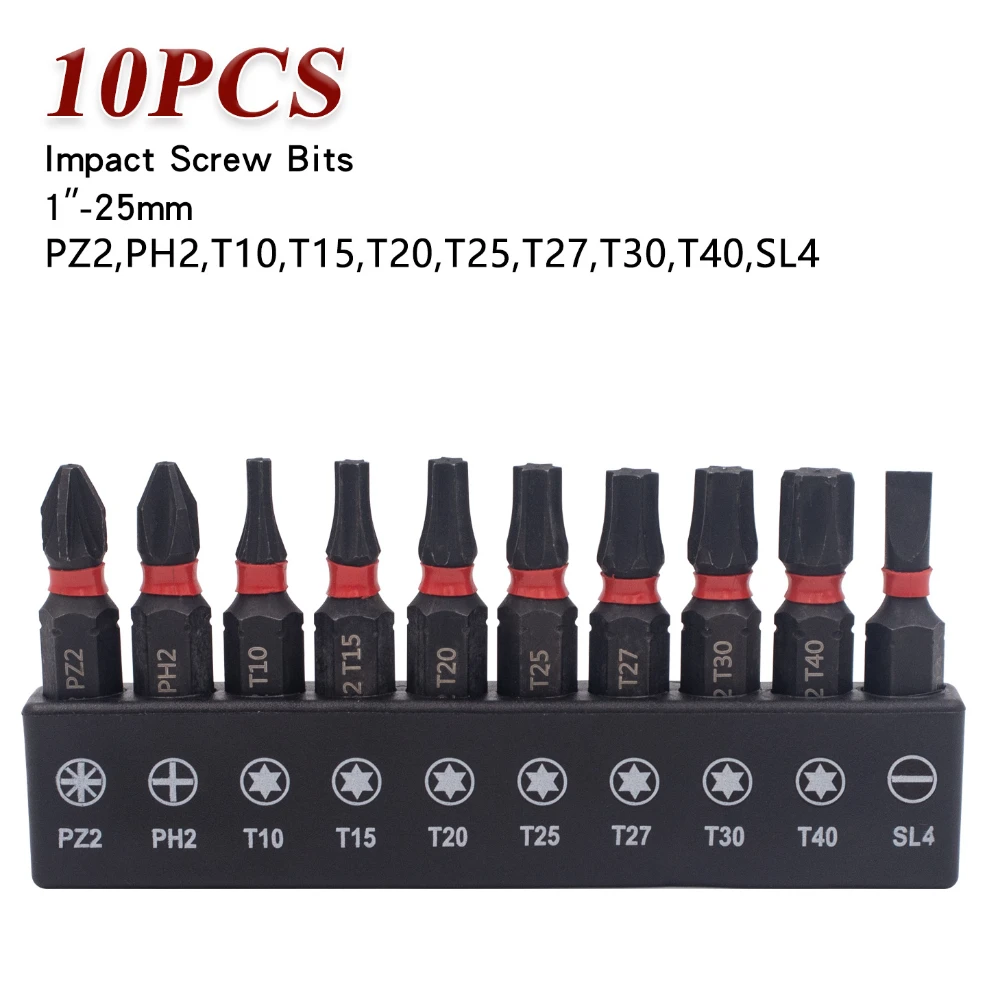 10PC 25mm Multi Batch Head Combination Screwdriver Bit Set,Impact Tough Magnetic S2 Alloy Steel Star Bit with Base