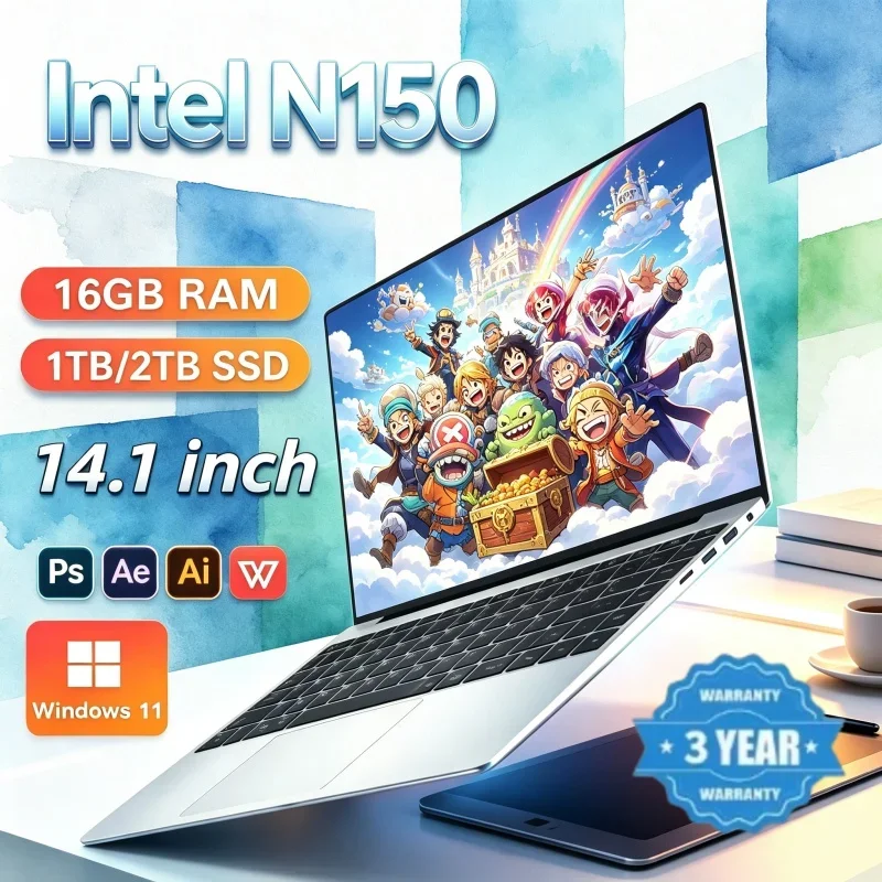 2026 Intel N150 Ultra Slim 14.1 Inch Laptop 32GB RAM 2TB SSD Gaming Notebook 1920x1080 Office High Performance