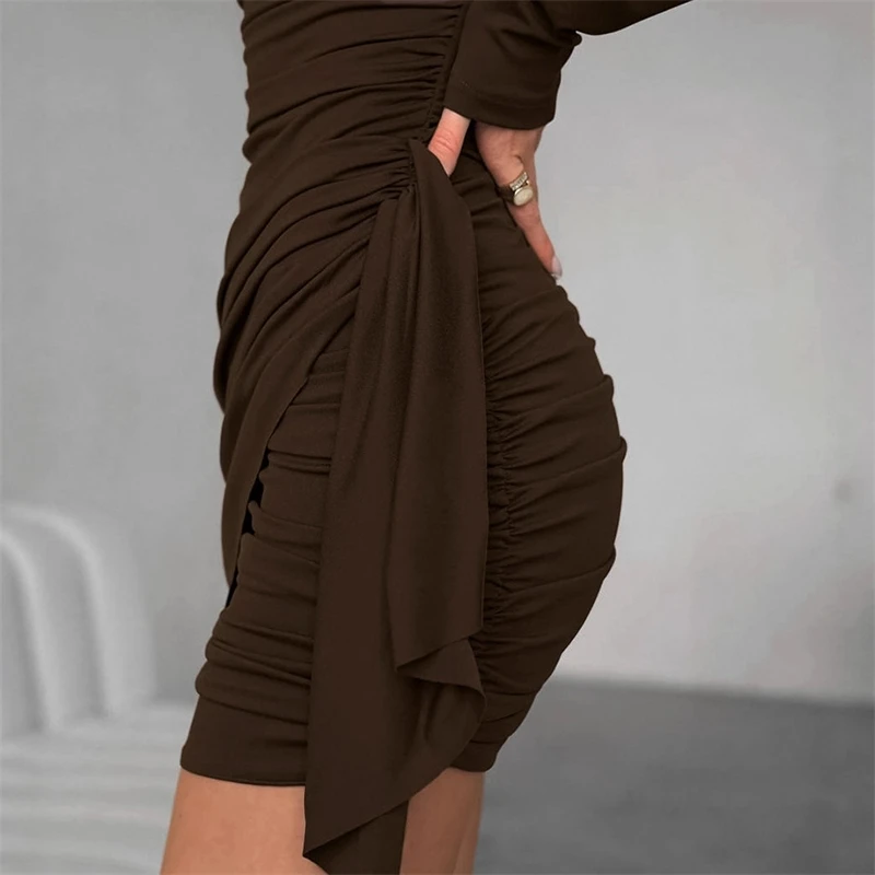 Elegante bodycon mini-jurk met o-hals en lange mouwen voor dames met verzamelde taille, geplooid ontwerp, chique effen kleur jurk voor streetwear