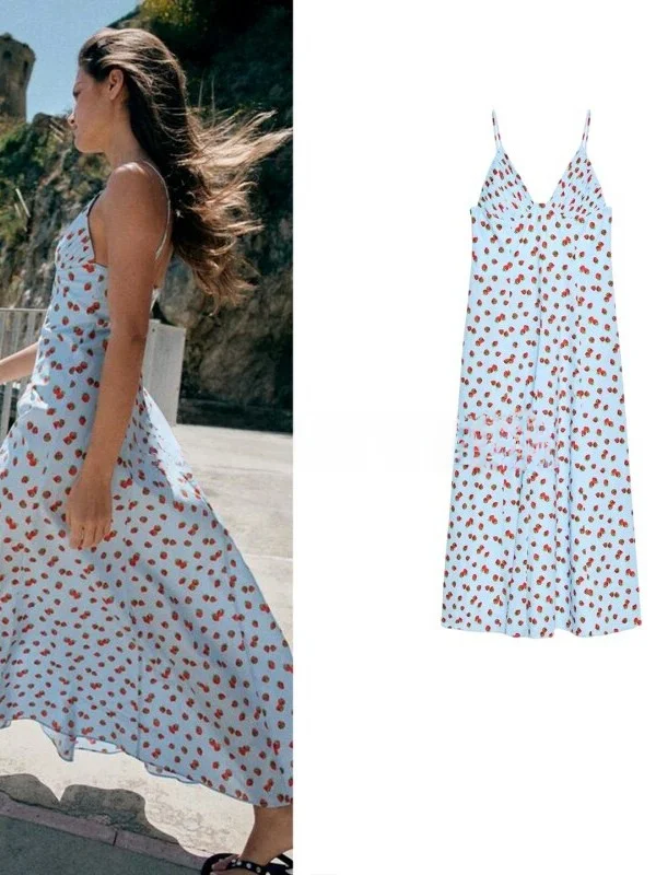 Summer Women's Holiday Style Printed Strapless Dress Deep V Neck Pleated Decoration Strawbery Pattern a Line Skirt Dress