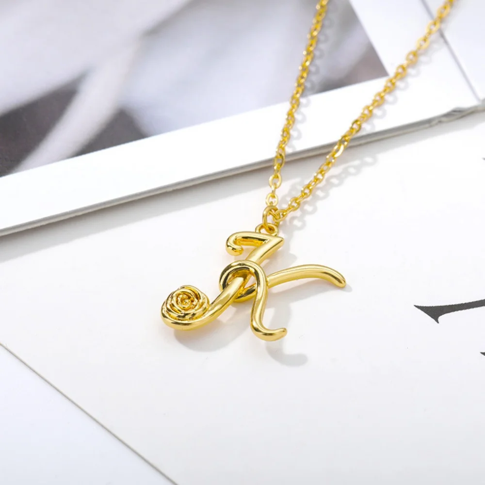 LeeChee Gold Capital English Letter Necklace Bohemian Style Rose Pendant  Accessories