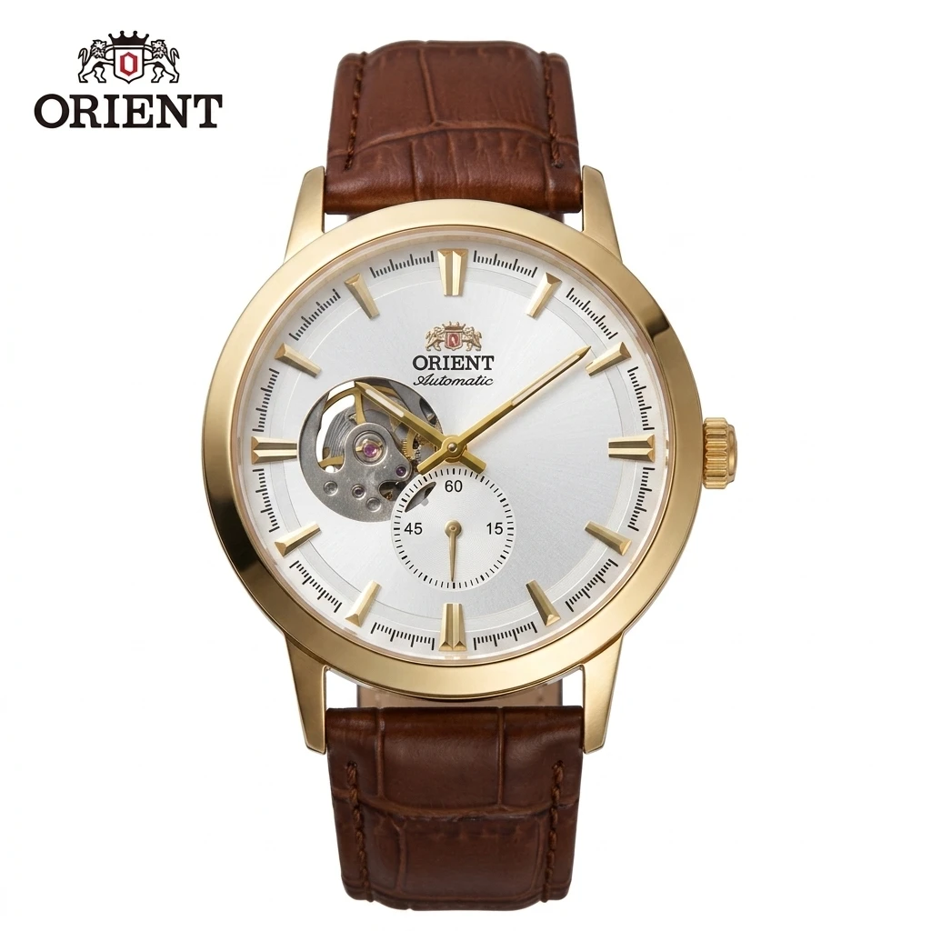 Orient Japan Men Self-Winding Mechanical Dress Watch, Skeleton Dial Small Second Hand Waterproof Leather Strap Wristwatch
