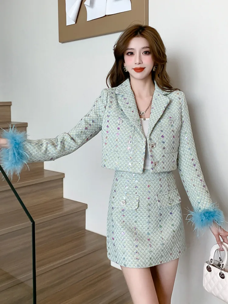 High Street French Light Luxury Small Fragrance Two Piece Set Women Jacket Coat + Skirt Suits Sweet Fashion Tweed 2 Piece Outfit