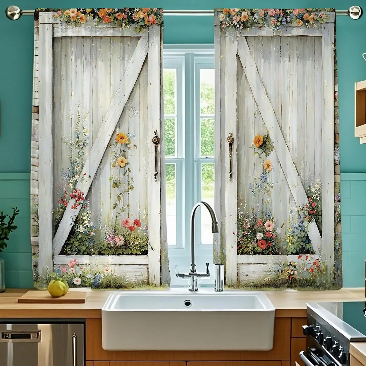 Rustic White Barn Door Kitchen Curtains Sets for Windows Long Farmhouse Flower Panels Drapes Small Short Bathroom Curtains