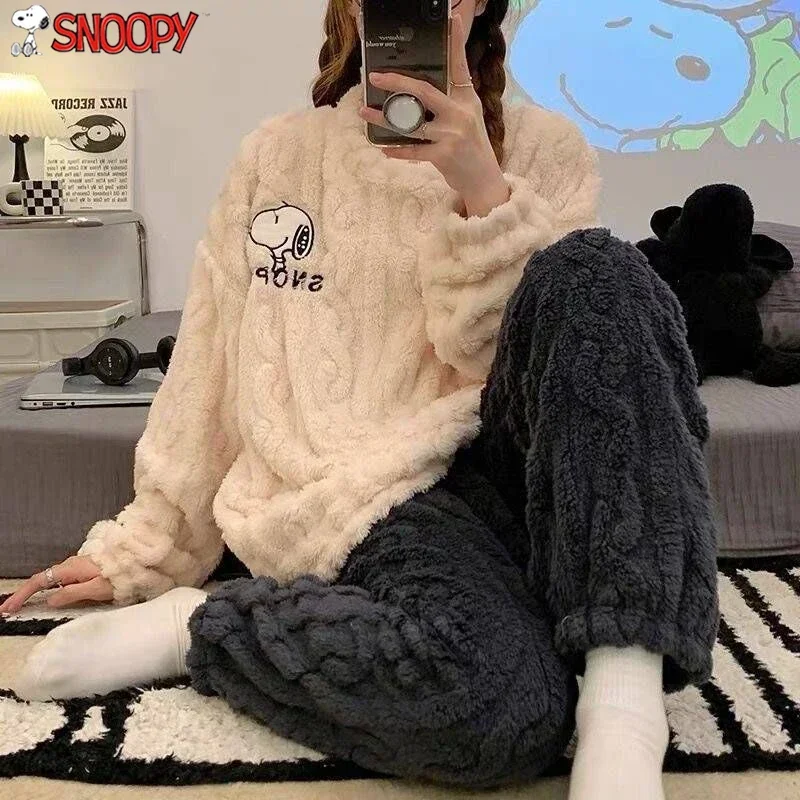 2023 Women\'s Snoopy Pajamas Set Winter Warmth Fall Nightwear Hoodie Pants Korean Girls Sleepwear Cute Home Costume Girlfriends