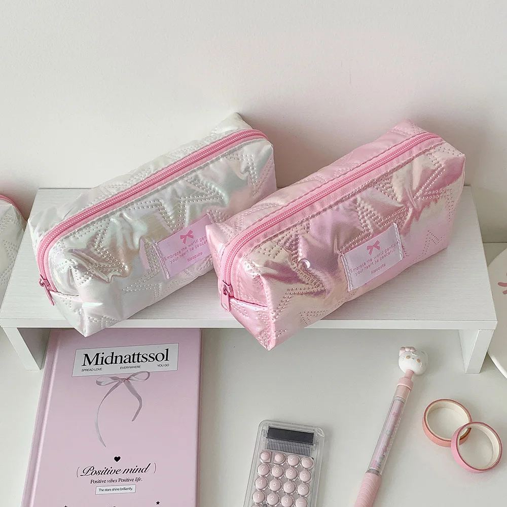 Stationery Organizer Cute Makeup Brush Bag Pink Pen Bag Glossy Pencil Case For School Gift For Girls Travel