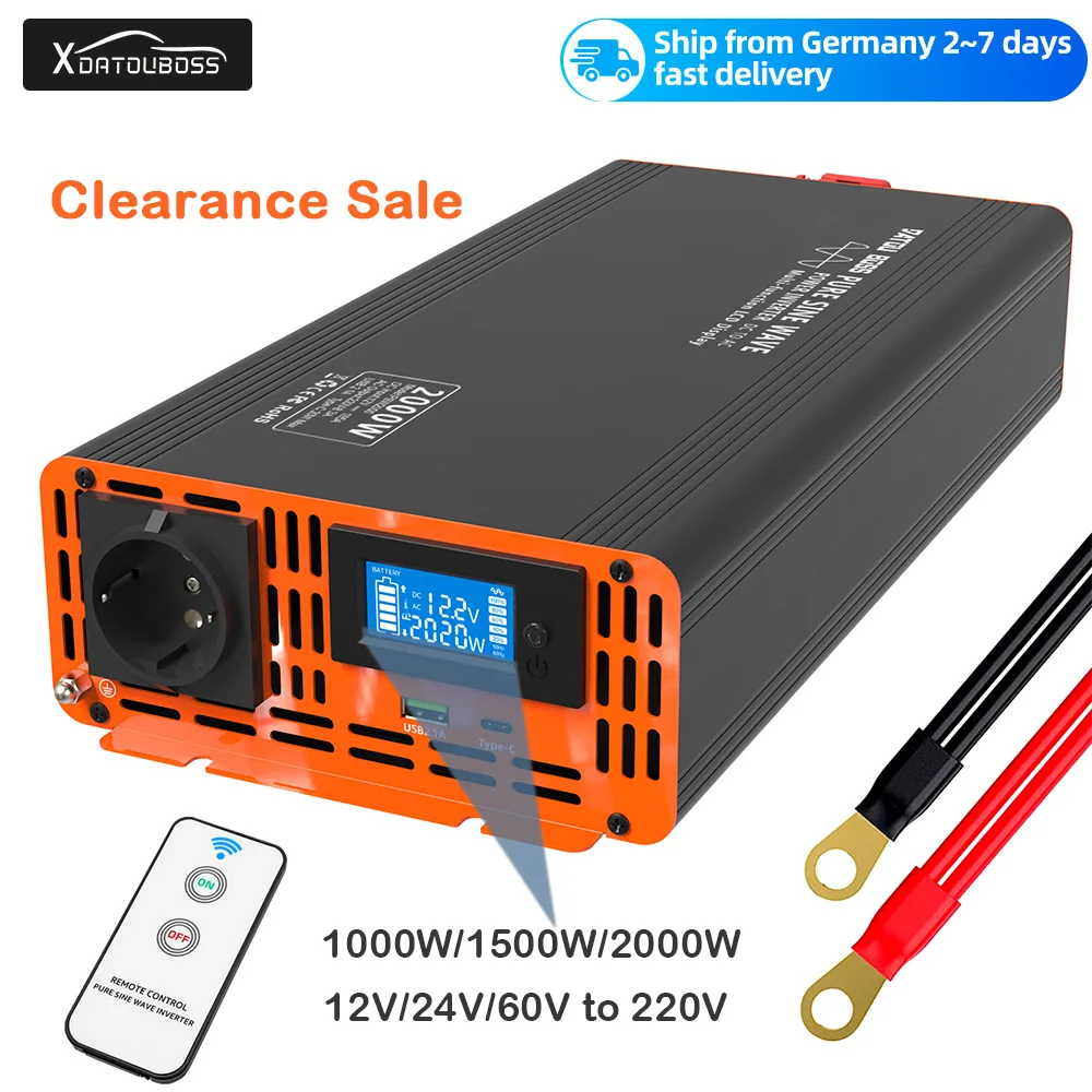 DATOU-Pure Sine Wave Inverter for Car EU Standard LCD Display 1000W 1500W 2000W AC 12V/24V/60V to 220V DC Wide Use Fast Delivery