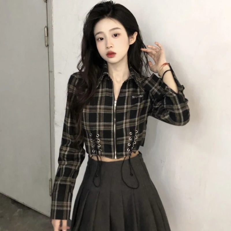 Crop Plaid Shirts Women Streetwear European Teens Personal Long Sleeve Zip-Up Y2k Clothes Рубашки Hotsweet Sexy Slim Hipster New