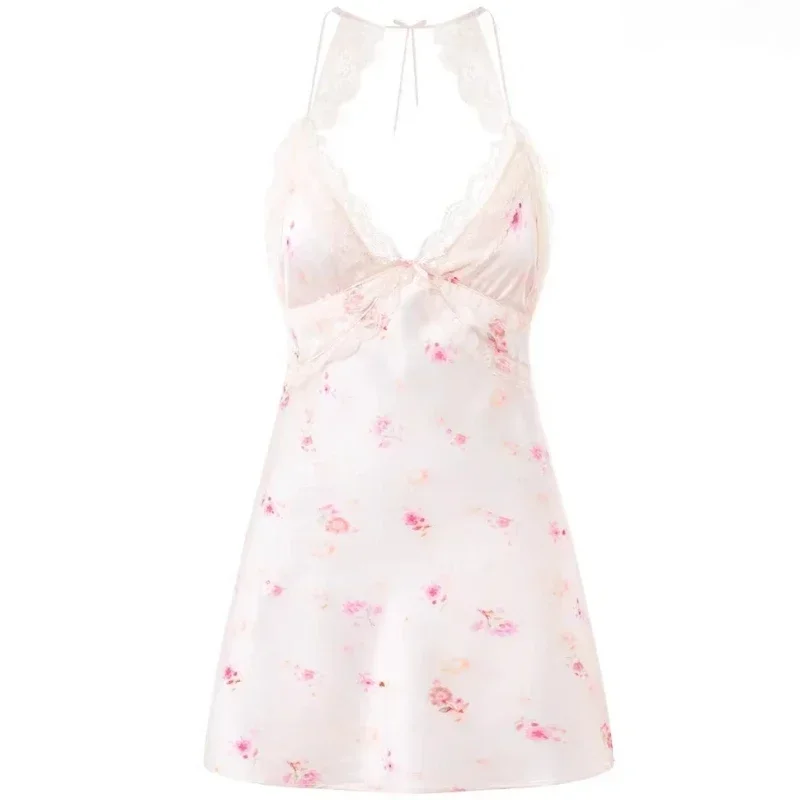 Sexy Lingerie Pajamas Women's Nightwear Hollowed-out High Quality French Lace Ice Silk Suspender Nightdress with Chest Pad  Women Sexy Lace Satin Pajama Set Factory Direct Wholesale, Affordable Bulk Price