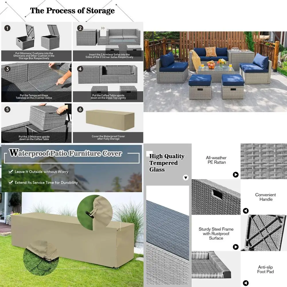 

8 Piece Patio Wicker urniture Set, PatioSpace Saving Outdoor PE Rattan Contion Set with Storage Box & Waterproo Cover, Coee Tabl