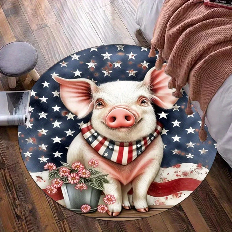 

Round Crystal Velvet Rug American Flag Pig Patriotic Design Farm Animal Print Round Rug Home Decor Independence Day Theme