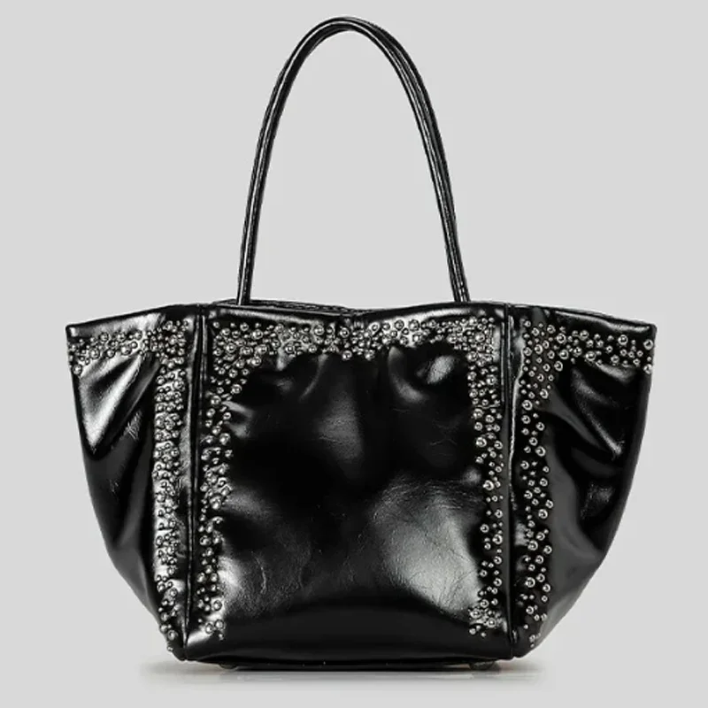Fashion Retro Bucket Rivets Studs Tote Women Box Handbag Casual Shoulder Fold Bag Shopping Crossbody Female Purse