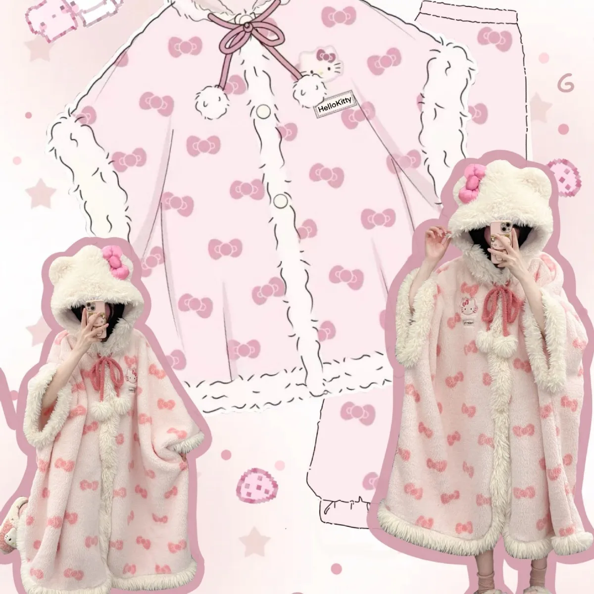 Sanrio Hello Kitty Girls Pajamas Robes Winter Warmth Coral Velvet Women\'s Home Clothes Cape Set Home Clothes Holiday Gifts