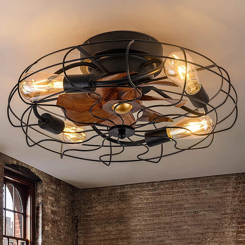 Small Caged Ceiling Fan Light Quiet Reversible DC Motor 6-Speed Enclosed Ceiling Fan E27 Bedroom Kitche Ceiling Fan Lights