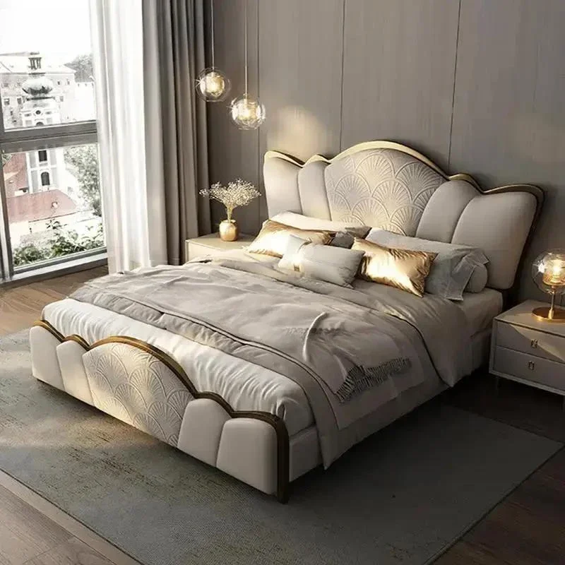 Simplicity Bedroom Set Furniture Italian Leather Wooden Frames Stable Skeleton Large Storage Soft Mattress Modern King Size Bed