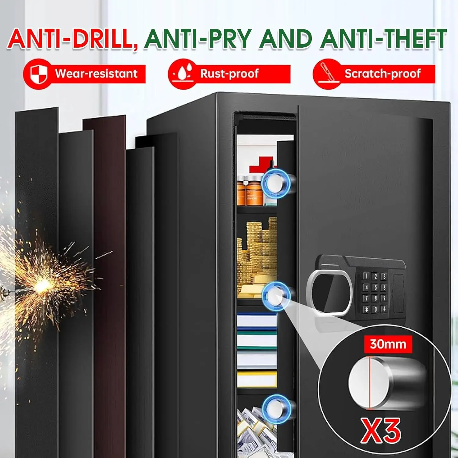 5.1 Cuft Fireproof Waterproof Digital Safe with Keypad Lock, 3 Removable Shelves & LED Light for Home Office Security