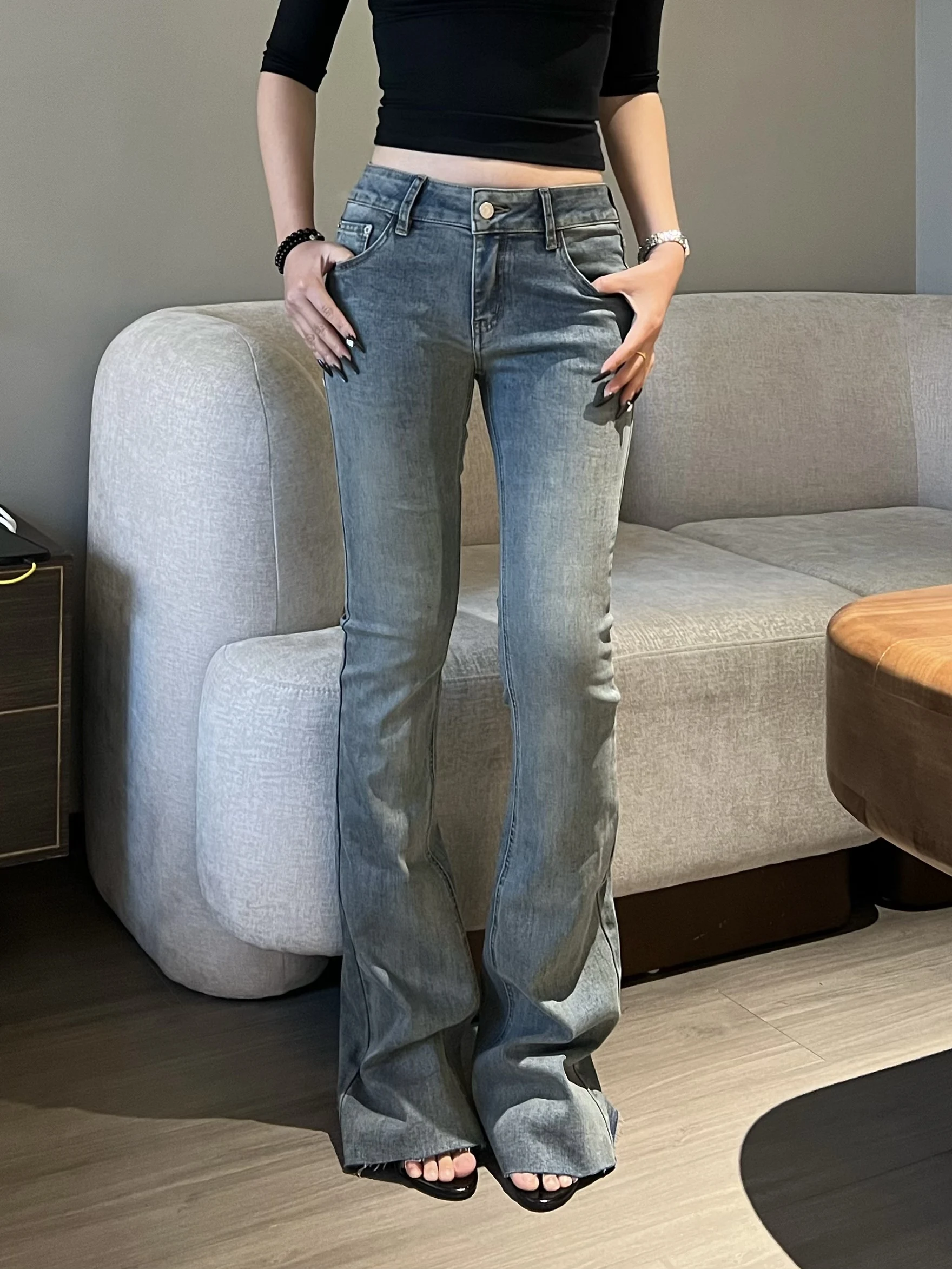 

Ретро-джинсы-клеш в американском стиле для женщин: облегающие, удлиняющие ноги, на весну-осень, длина в пол