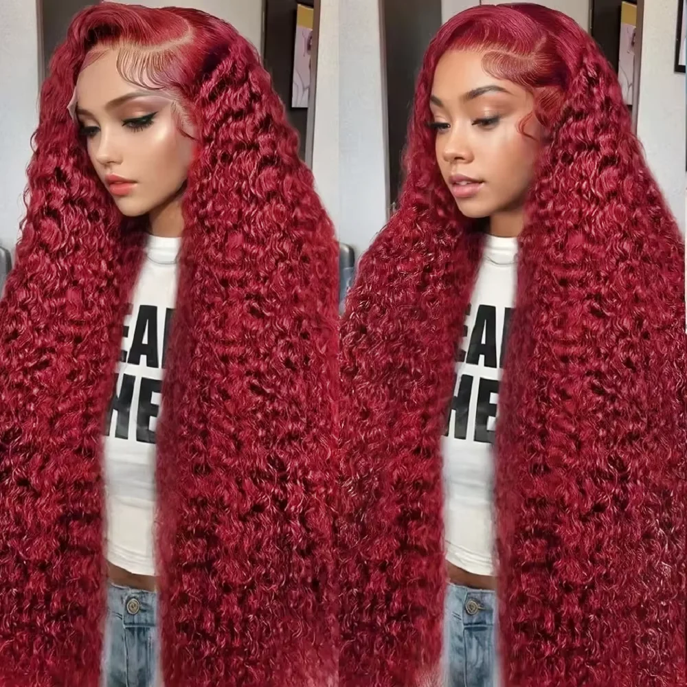 

Парик из натуральных волос 13x6 HD с кружевной передней частью, кудрявый, бордовый, красный, 40 дюймов, прозрачное кружево, глубокая волна, фронтальный парик 99J, плотность 220%