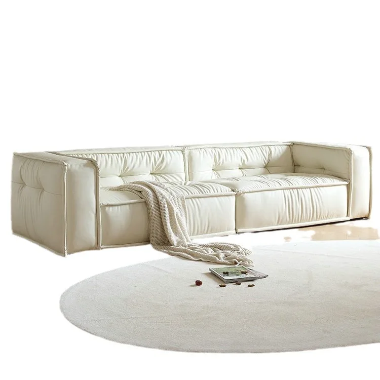 

Wabi sand wind toast square fabric sofa, small apartment living room Internet celebrity straight row, tofu cubes cream wind thre