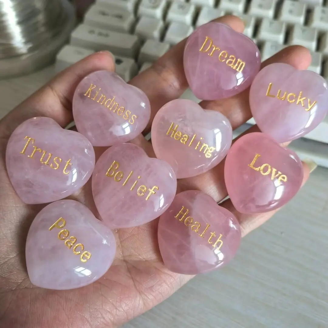 Random1pcs Rose Quartz Heart Inspirational Stone Engraved Love Natural Pink Crystal Valentine\'s Day Gifts
