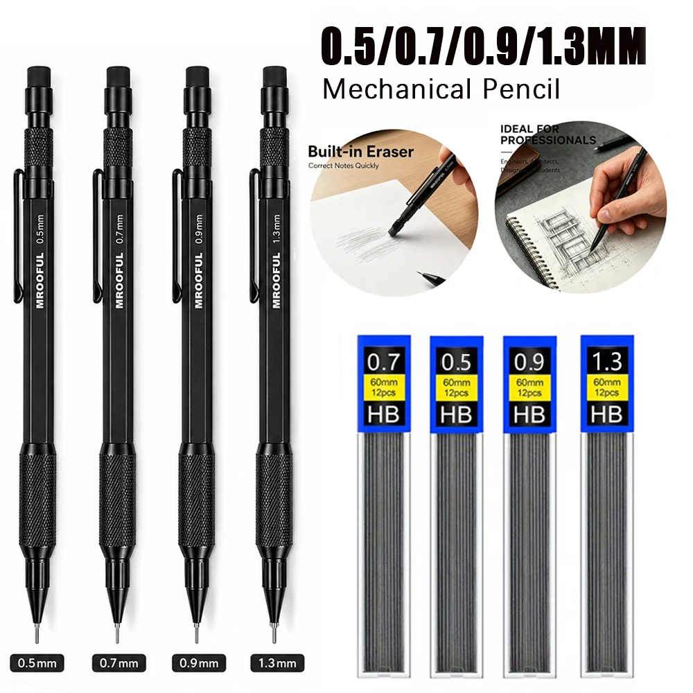 Mechanical Pencil Lead - 0.5/0.7/0.9/1.3mm Zwart Vulpotlood Set Volledig Metalen