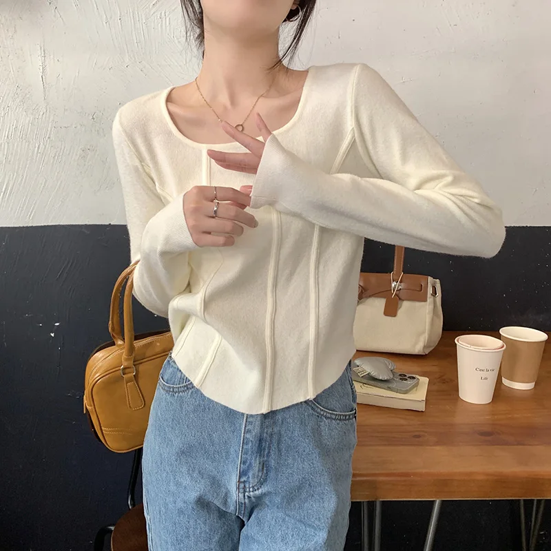 

French Style Square Collar Straight Knitted Tops Autumn Winter Long Sleeve Women Pullovers 2023 New Short Chic Knitwear