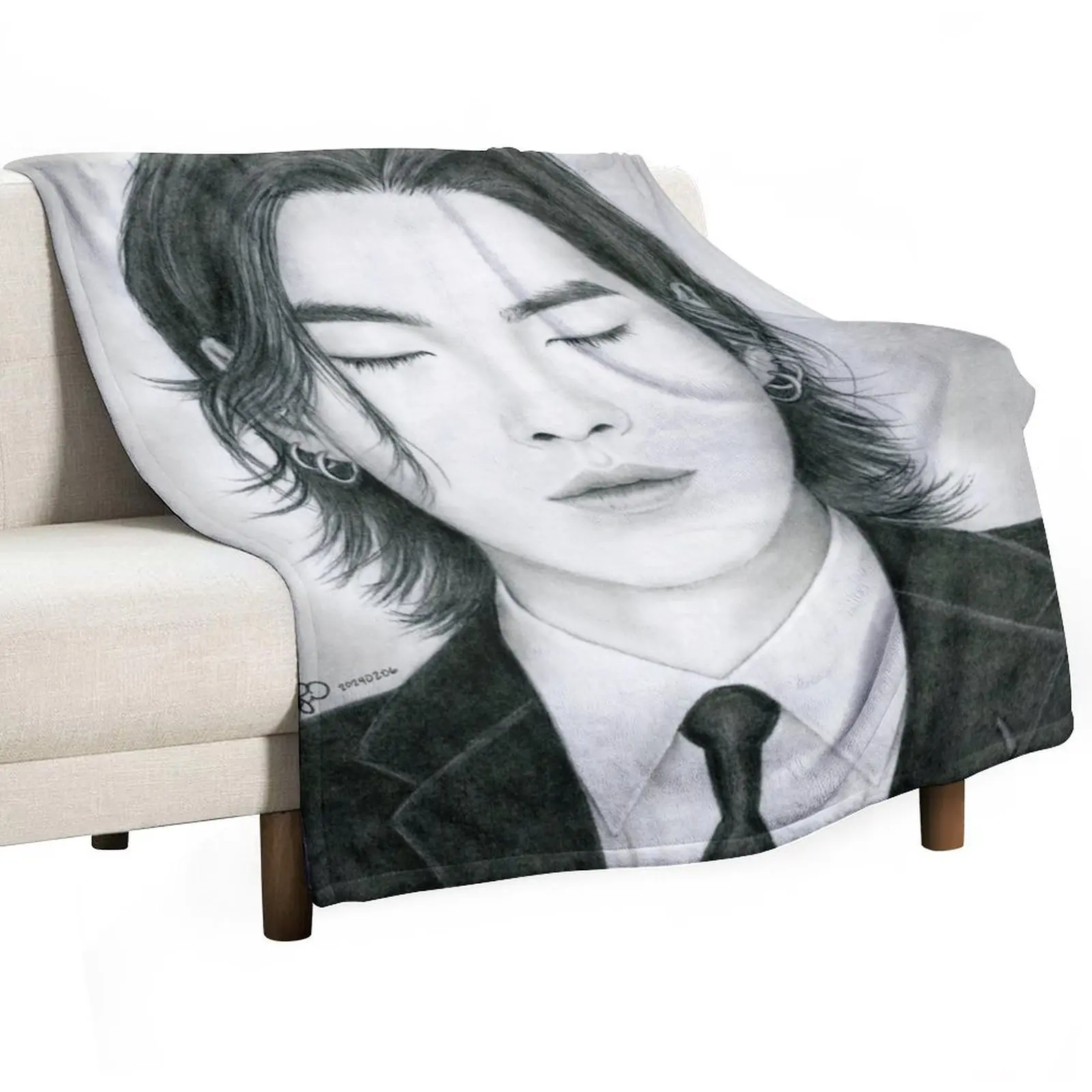 BTS SUGA AgustD Min Yoongi hand drawn charcoal portrait Throw Blanket warm for winter for sofa Soft Beds Blankets