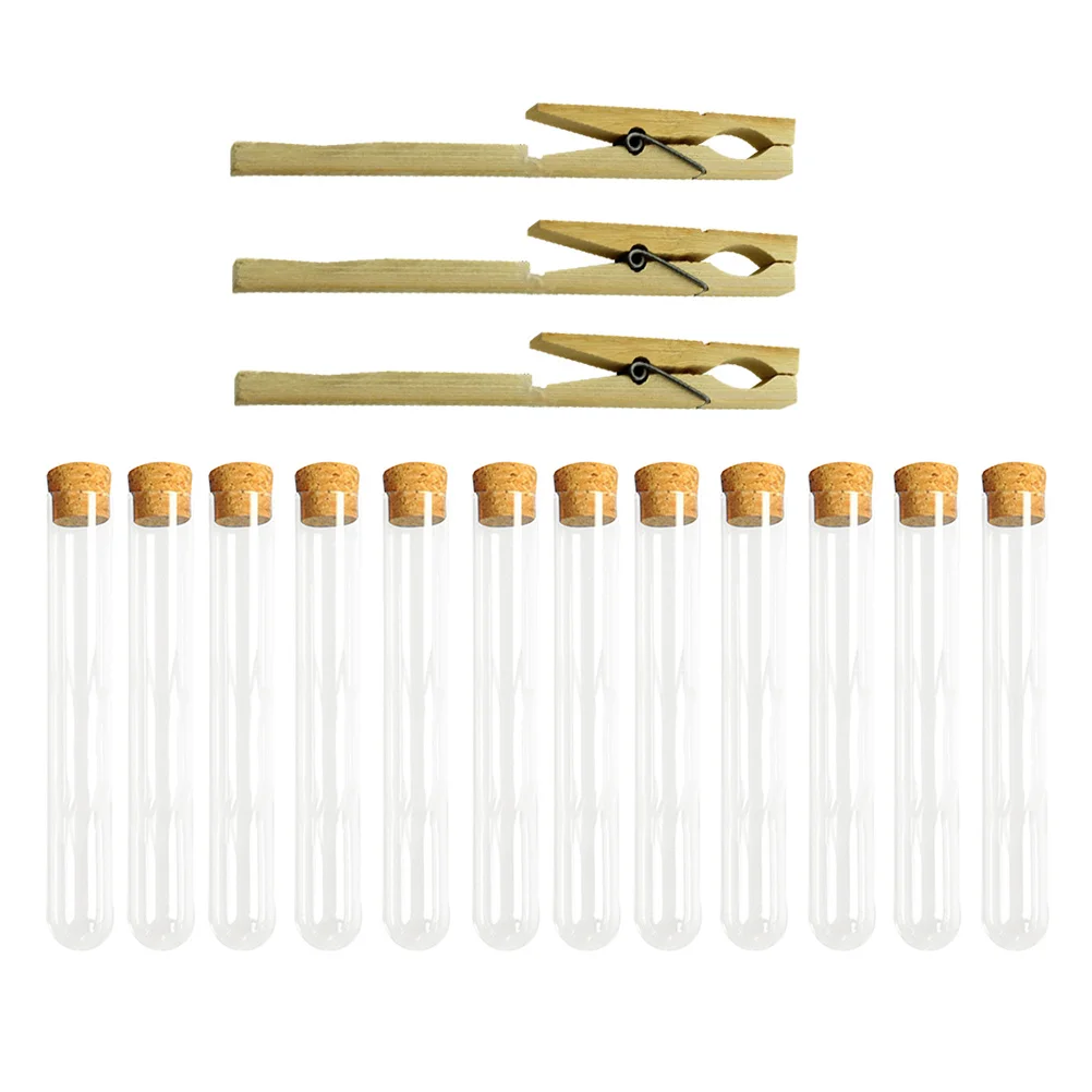 

12pcs 15*100mm Hard Plastic Test Tube Cork Release Tube Sealed Tube Pin Tubes with Wooden Plugs and 3 Clips