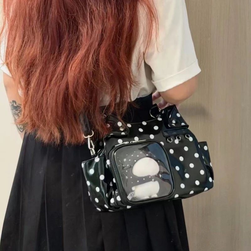 Polka Dot Ita Bag mit transparentem Sichtfenster, Damen-Umhängetasche, japanische Mädchen-Handtasche mit süßer Schleifendekoration. – Detail 9